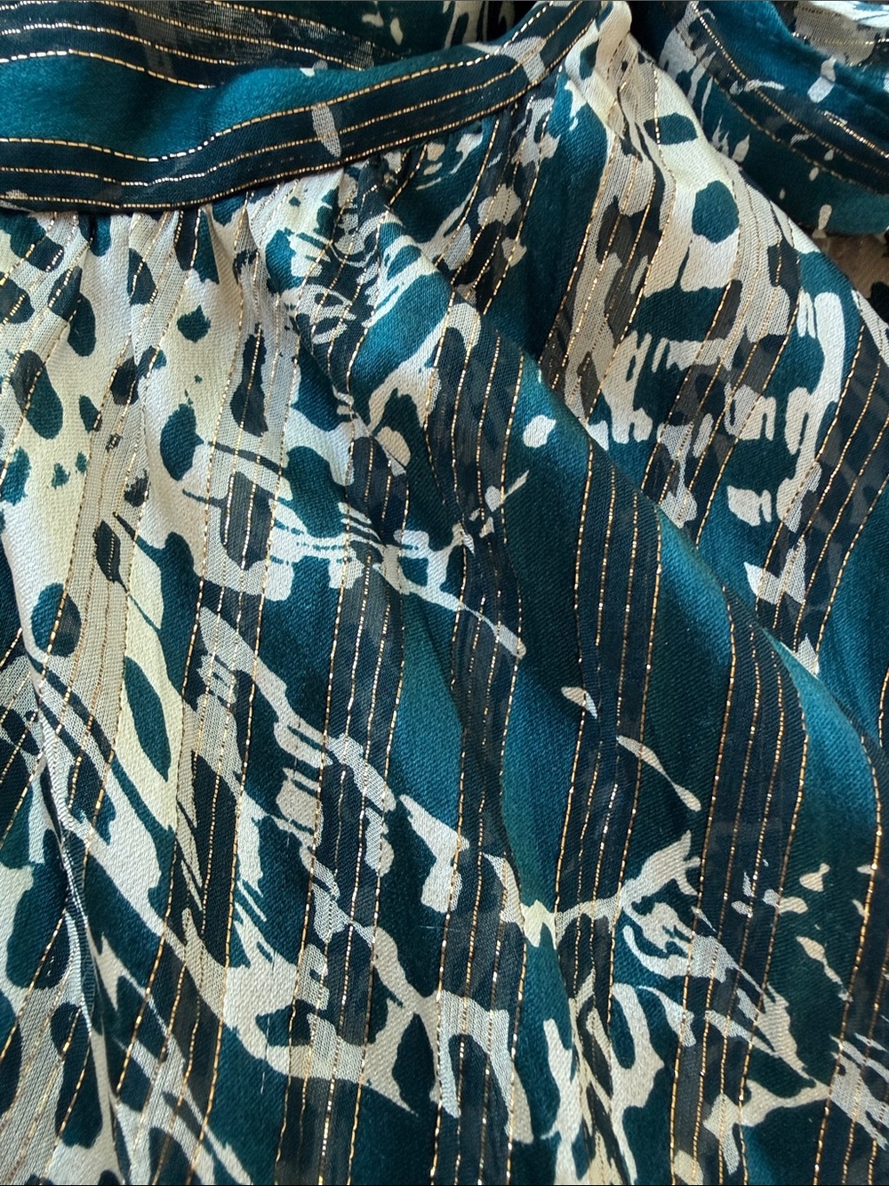 Milly Teal and Cream Metallic-Striped Animal Print Blouse - Picture 3 of 6